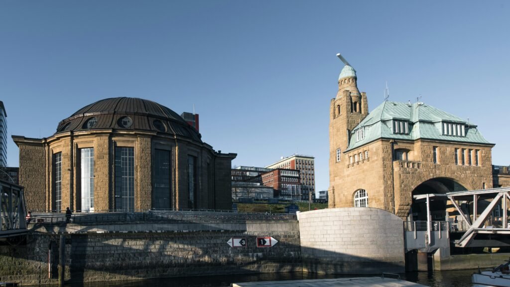 Explore the historic architecture of the Old Elbe Tunnel in Hamburg, Germany, on a clear day.